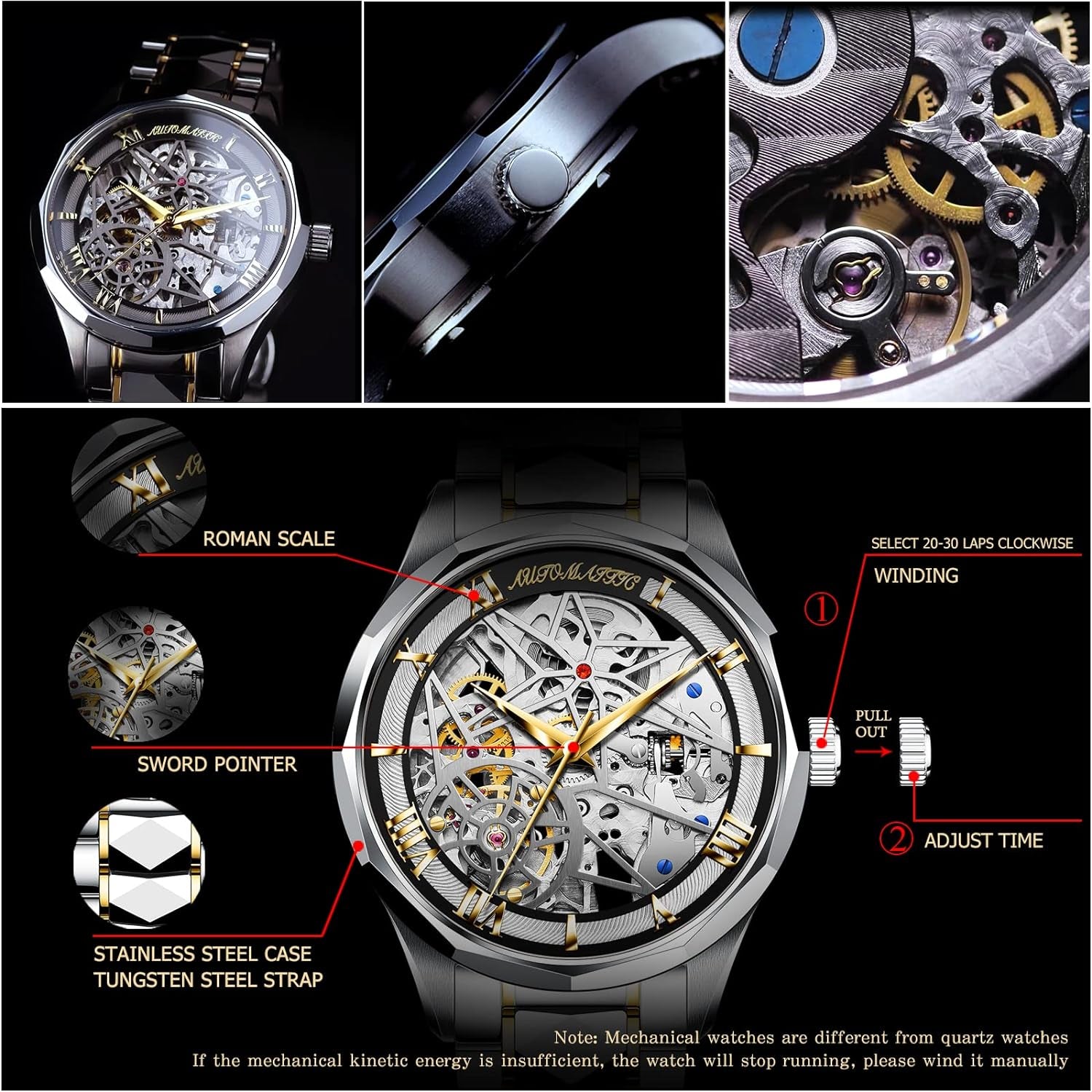 Automatic Mechanical Watches for Men Skeleton Waterproof 