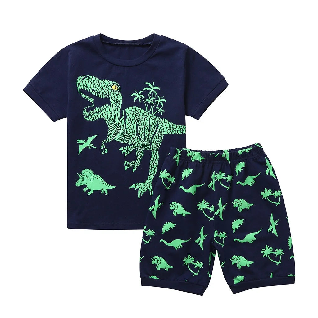 Toddler Baby Kids Boys Dinosaur Print Tops Shorts Pants Pajamas Sleepwear Set