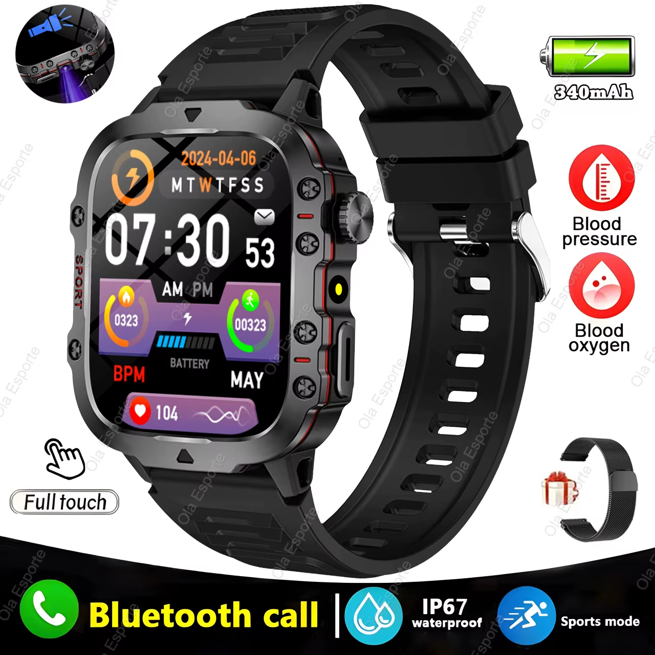 Original Men Smartwatch Flashlight Bluetooth Call Fitness Clock IP68 Waterproof - Consumer Buying